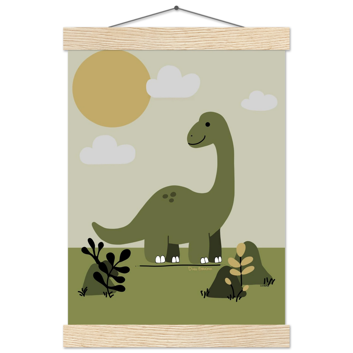 Poster med dinosaurien Dino Brachio i träram, upphängd i barnrum – inspiration från Lillrum.