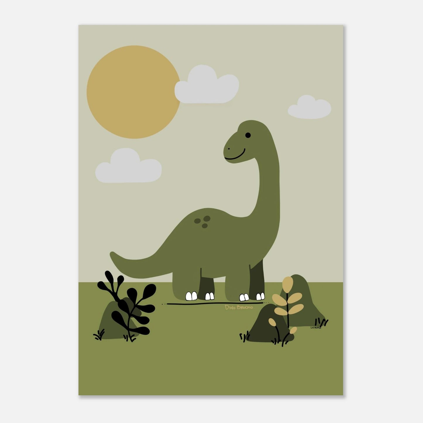 Illustration av en grön dinosaurie i barnstil, perfekt som poster för barnrum – Dino Brachio från Lillrum.