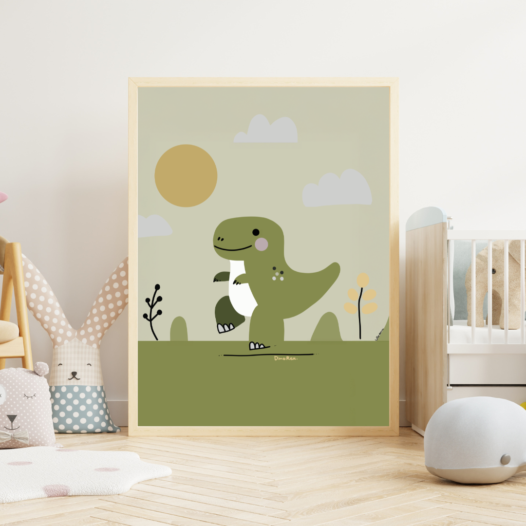Illustration av en grön T-Rex på poster – pedagogisk och charmig väggdekoration från Lillrum.