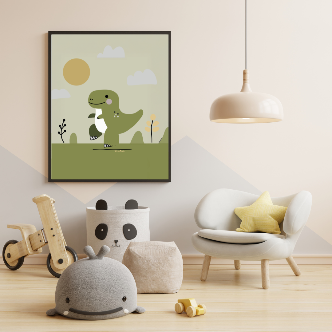 Dino T-Rex-poster i träram, upphängd i ett modernt barnrum – inredning från Lillrum.