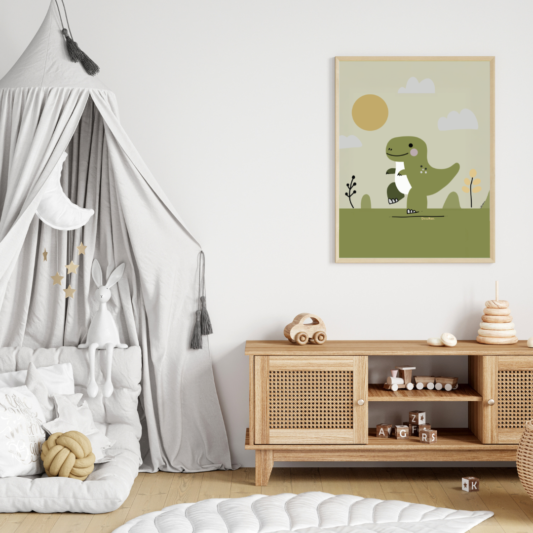 Väggposter med T-Rex-motiv, perfekt för barnrum med dinosaurietema – Lillrum.