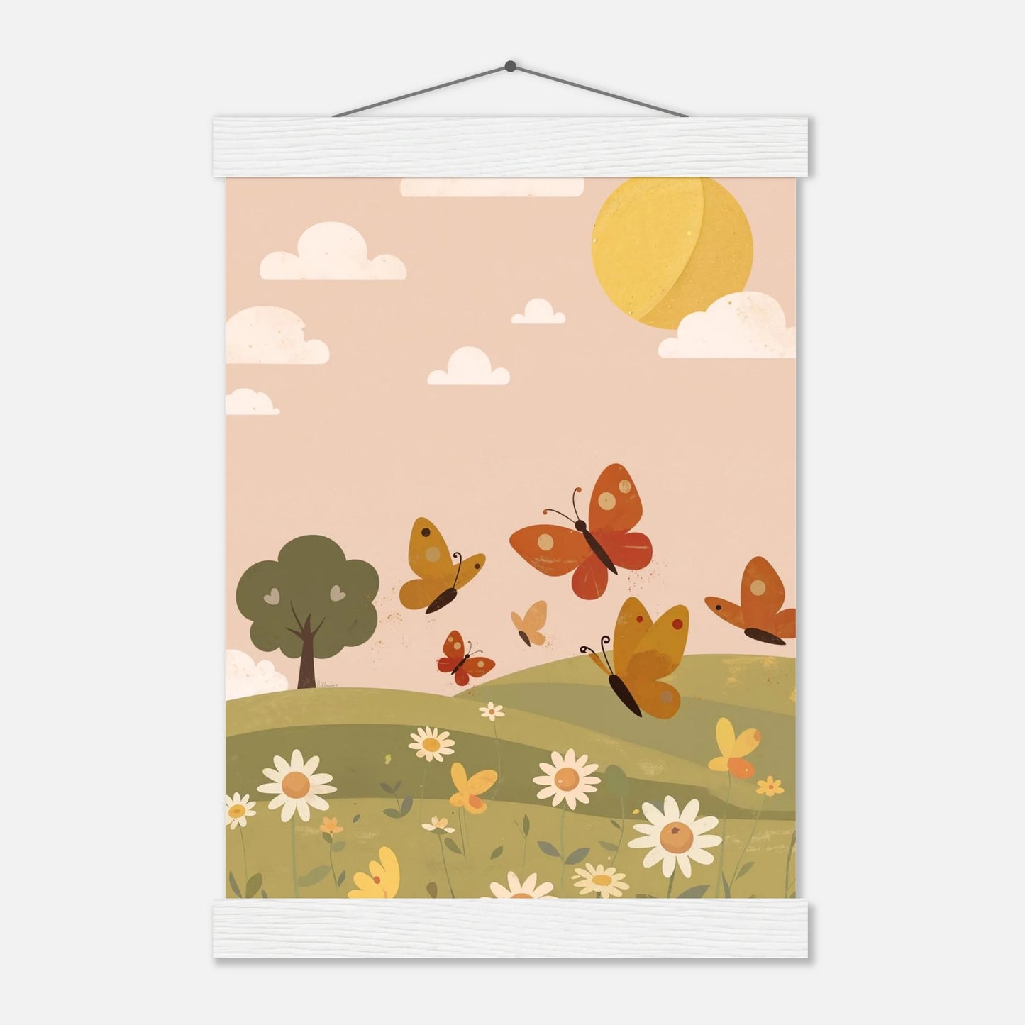 Illustrerad väggkonst med fjärilar, blommor och träd – motiv för barnrum från Lillrum.