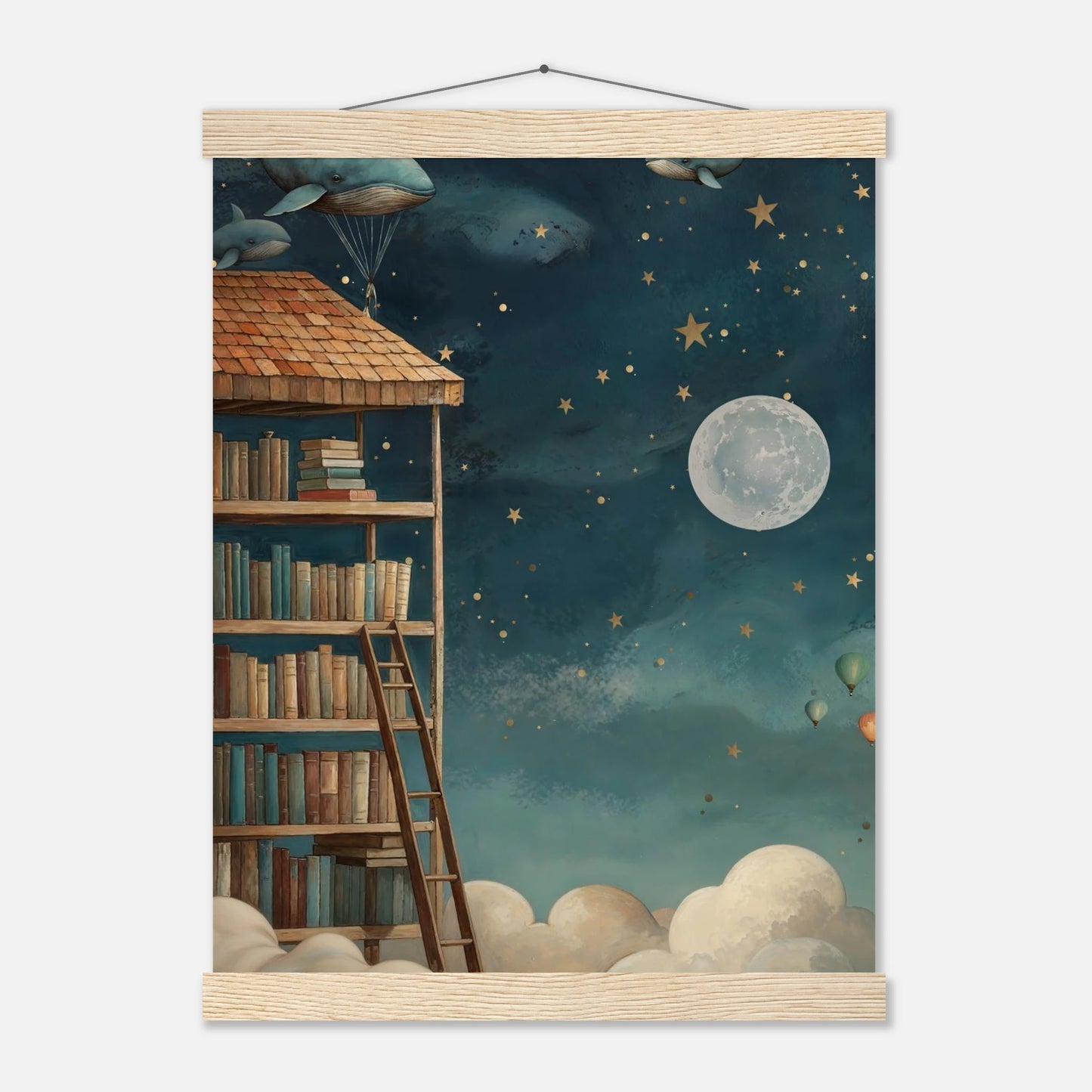 Sagolik barnposter med ett svävande bibliotek bland moln, flygande valar och en fullmåne på en stjärnklar natthimmel. Magiskt motiv i blå och varma toner. Magnetisk hängare.
