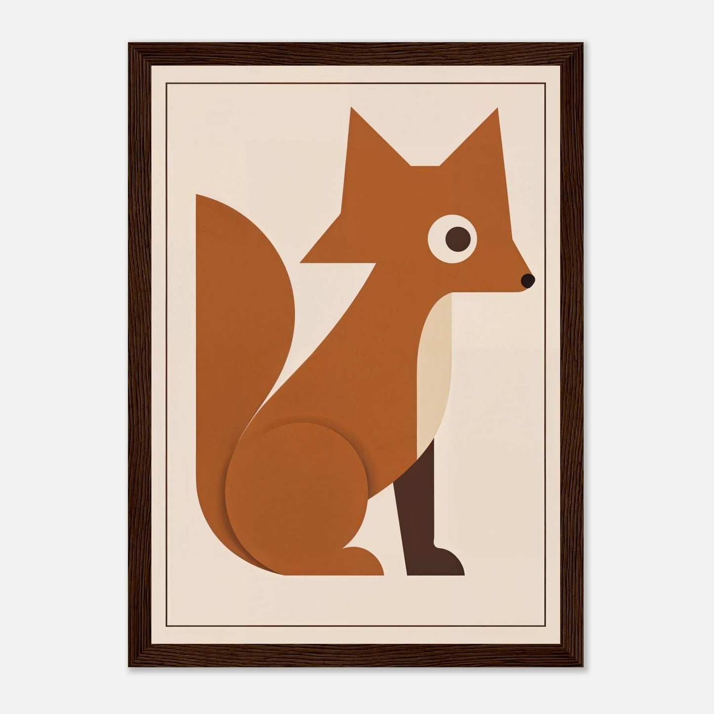 Illustrerad rävposter i varmbruna toner med midcentury-inspiration, inramad för barnrum