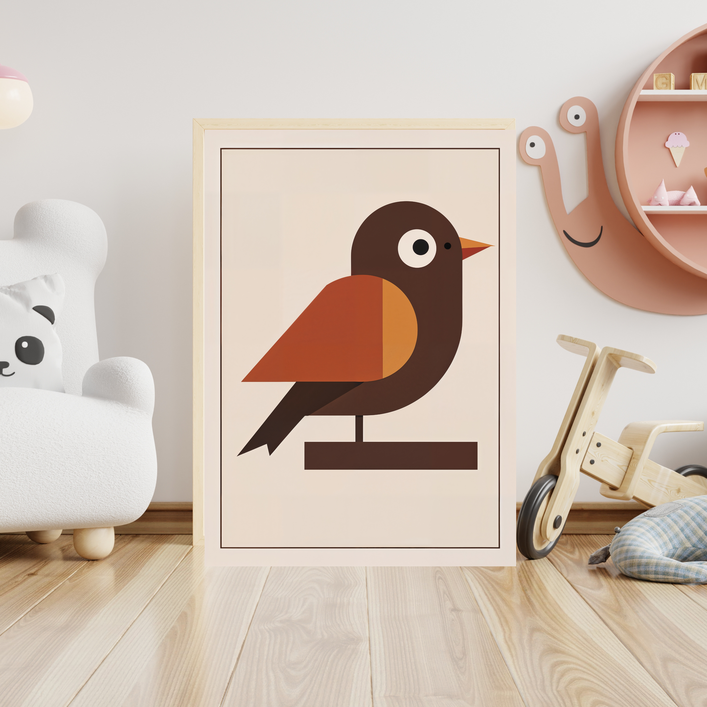 Poster med stiliserad rödhake i midcentury modern-stil, placerad på golvet i barnrum med naturtoner och träleksaker
