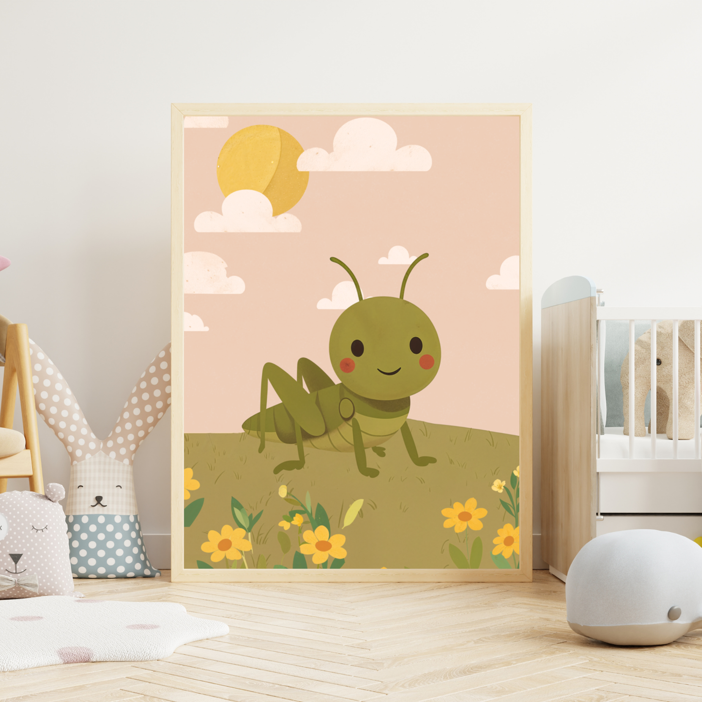Poster med gräshoppa i blommande glänta under solig himmel – motiv från Lillrum.