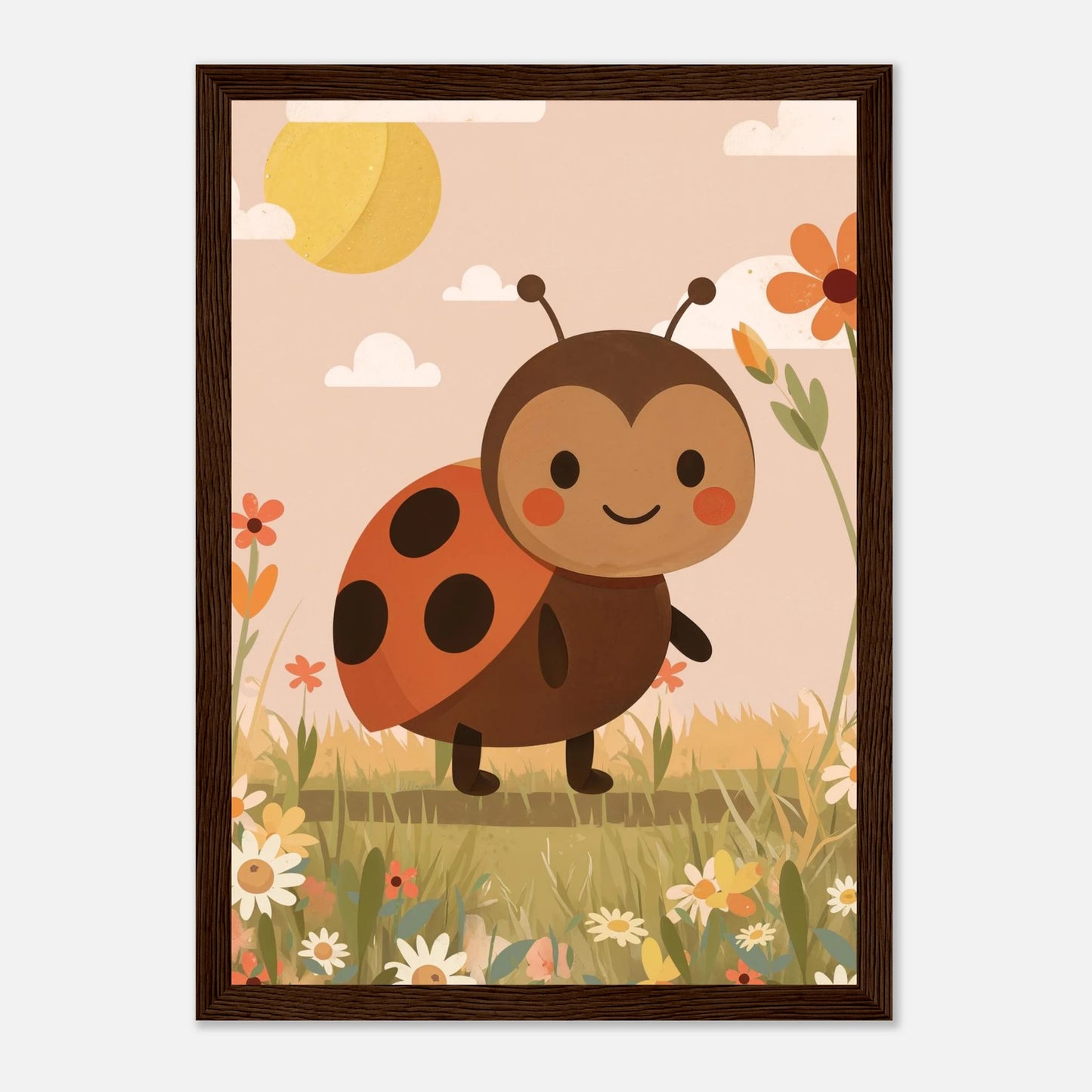 Dekorativ barnposter med nyckelpiga i fält av prästkragar – naturtema från Lillrum.