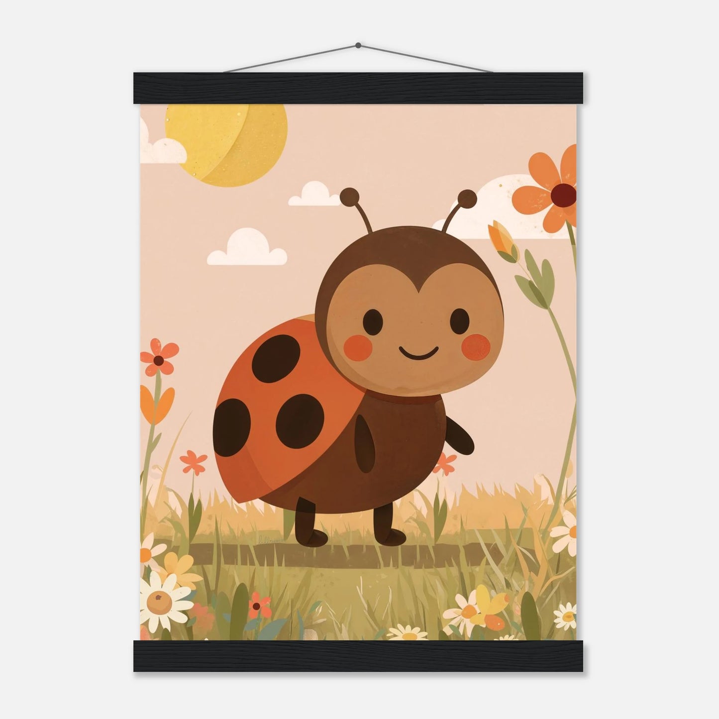 Väggposter med glad nyckelpiga bland blommor i somrig miljö – Lillrum.