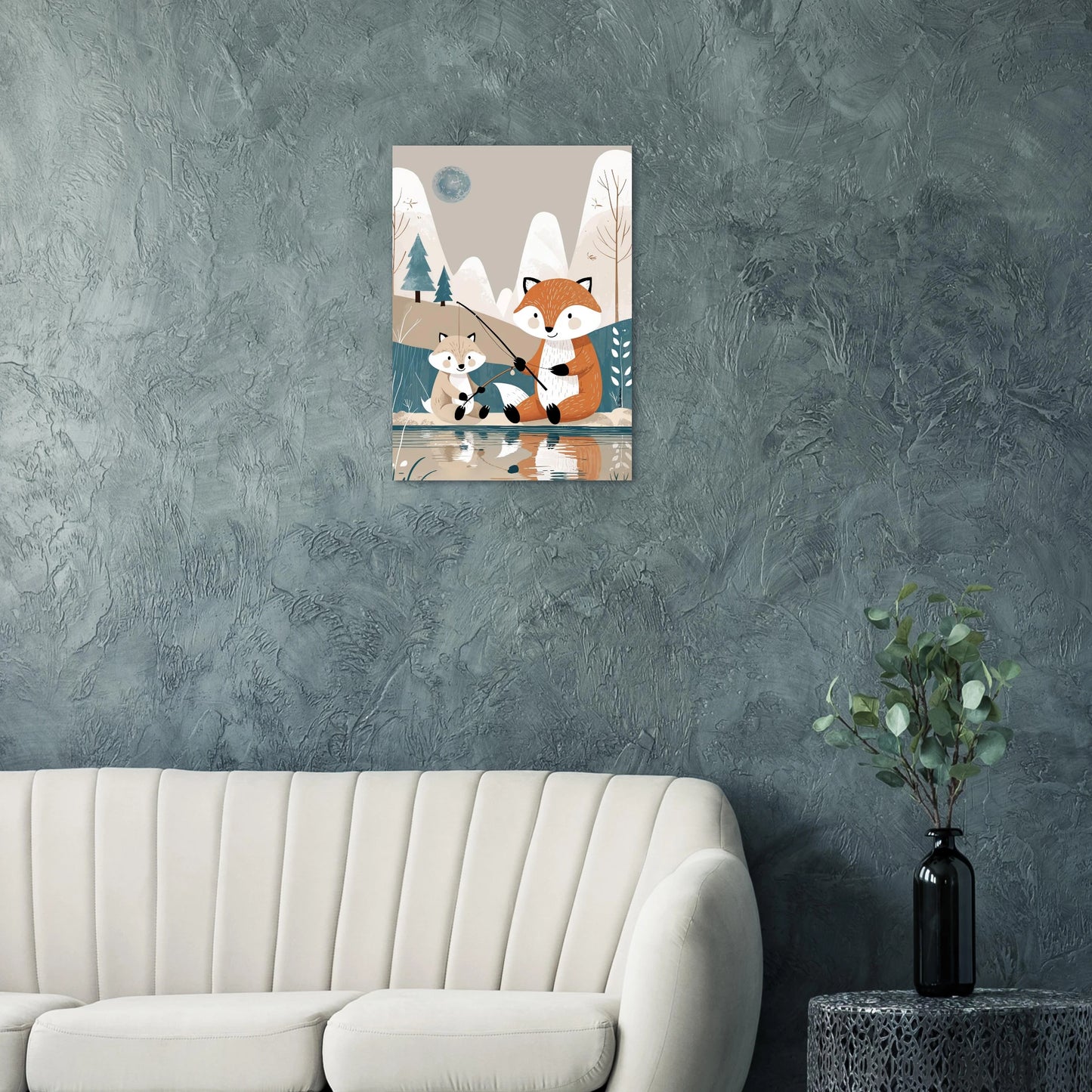 Skandinavisk poster med rävförälder och unge i gemenskap vid sjön.