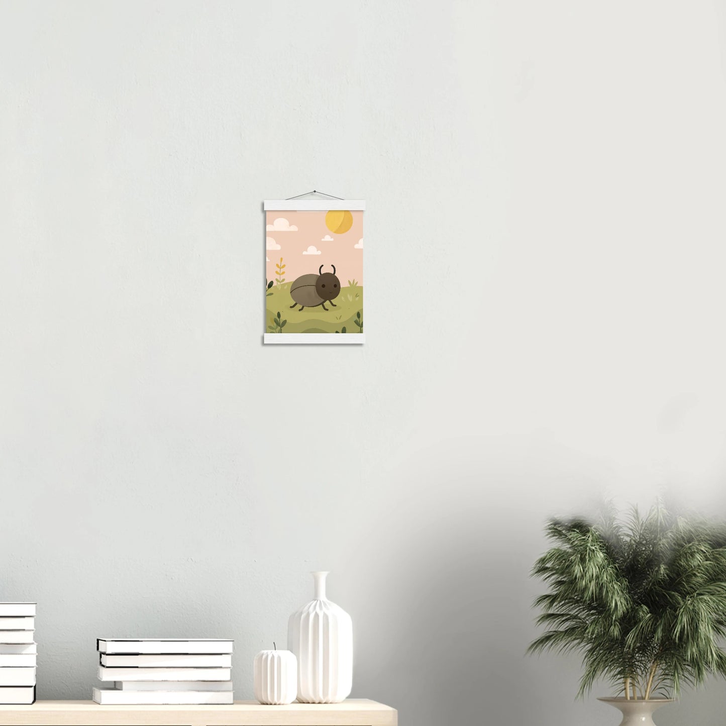 Mockup av skalbagge-poster i ett ljust barnrum – en del av Lillrums kollektion.
