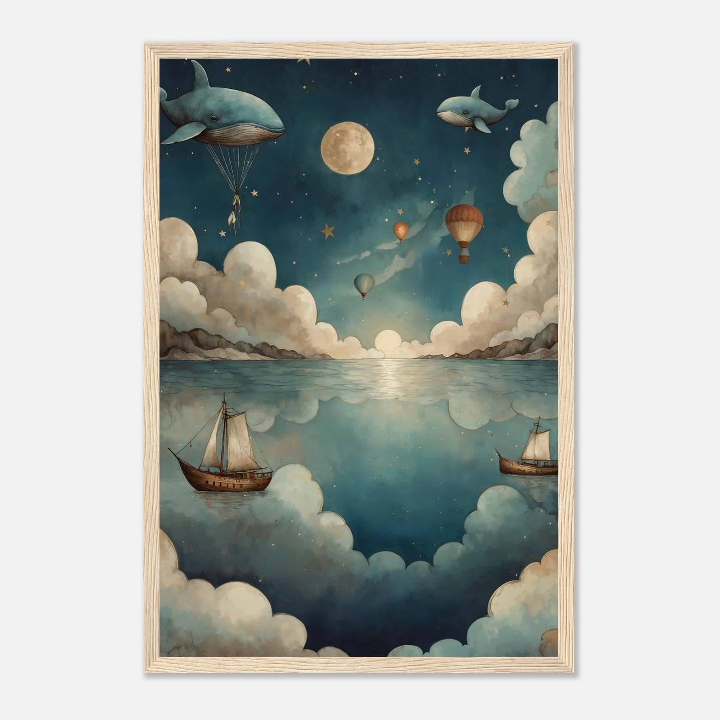 Drömsk barnposter med spegling av himmel och hav, luftballonger, svävande valar och segelbåtar i ett magiskt nattlandskap. Perfekt för ett fantasifullt barnrum.