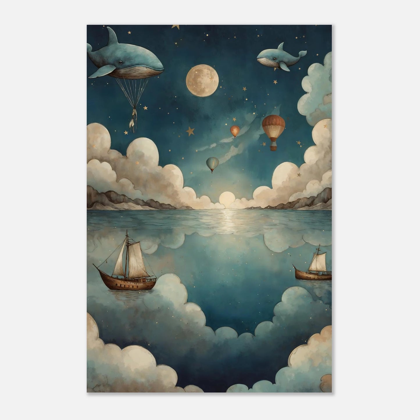 Drömsk barnposter med spegling av himmel och hav, luftballonger, svävande valar och segelbåtar i ett magiskt nattlandskap. Perfekt för ett fantasifullt barnrum.