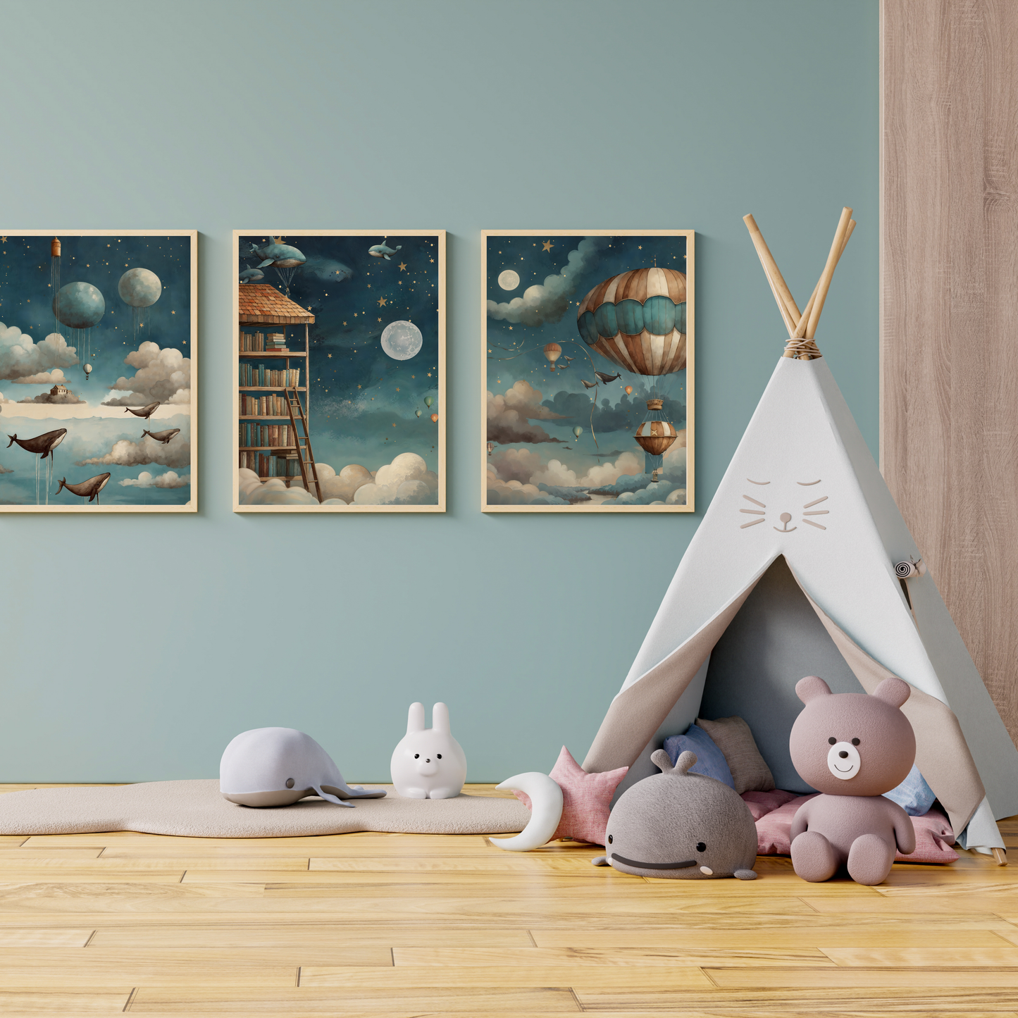 Barnrum med tre posters från serien Vindarnas sagor – svävande valar bland moln, ett drömskt bibliotek i natthimmel och luftballonger i skymning. Mjuk inredning med tält, gosedjur och trädetaljer.