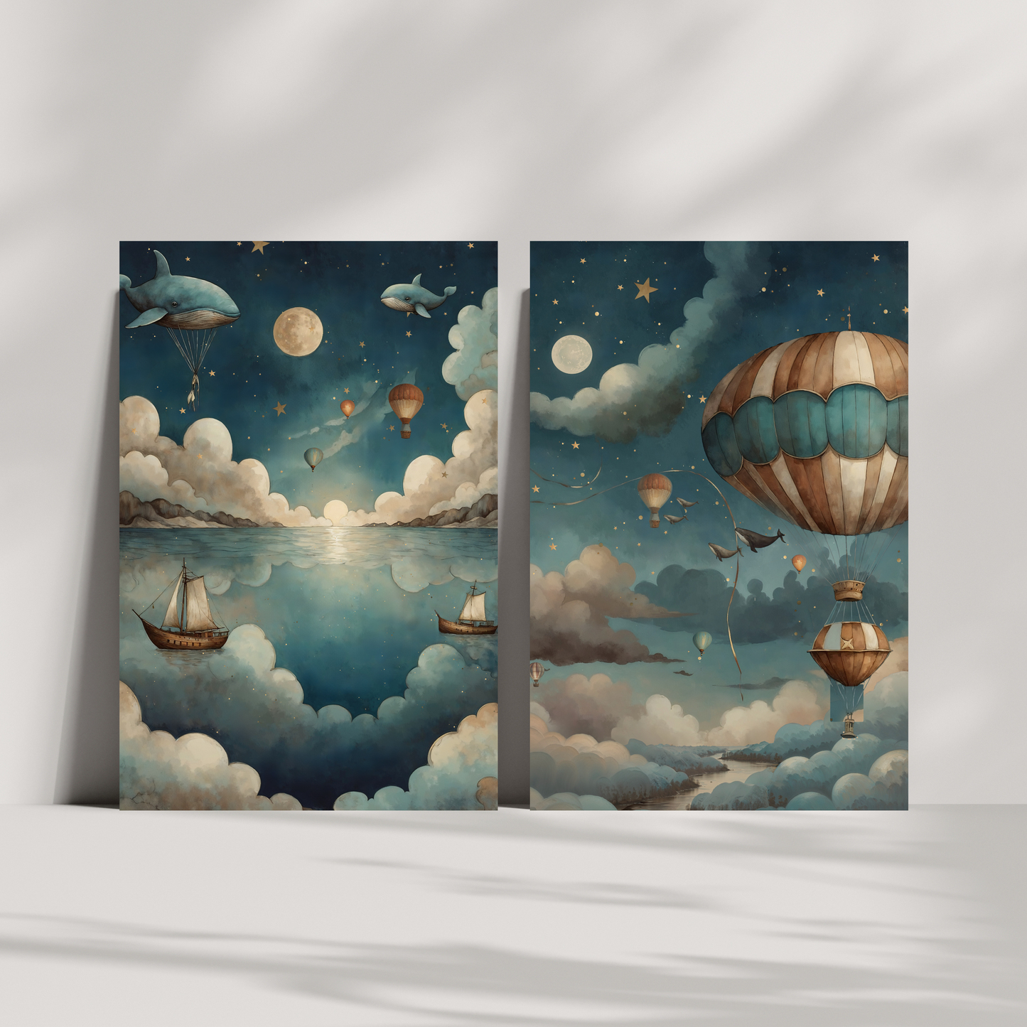 Två posters från Vindarnas sagor – en med flygande valar och segelbåtar i solnedgång, en med luftballonger bland stjärnor och måne – ståendes mot en vit vägg med mjukt ljusspel.