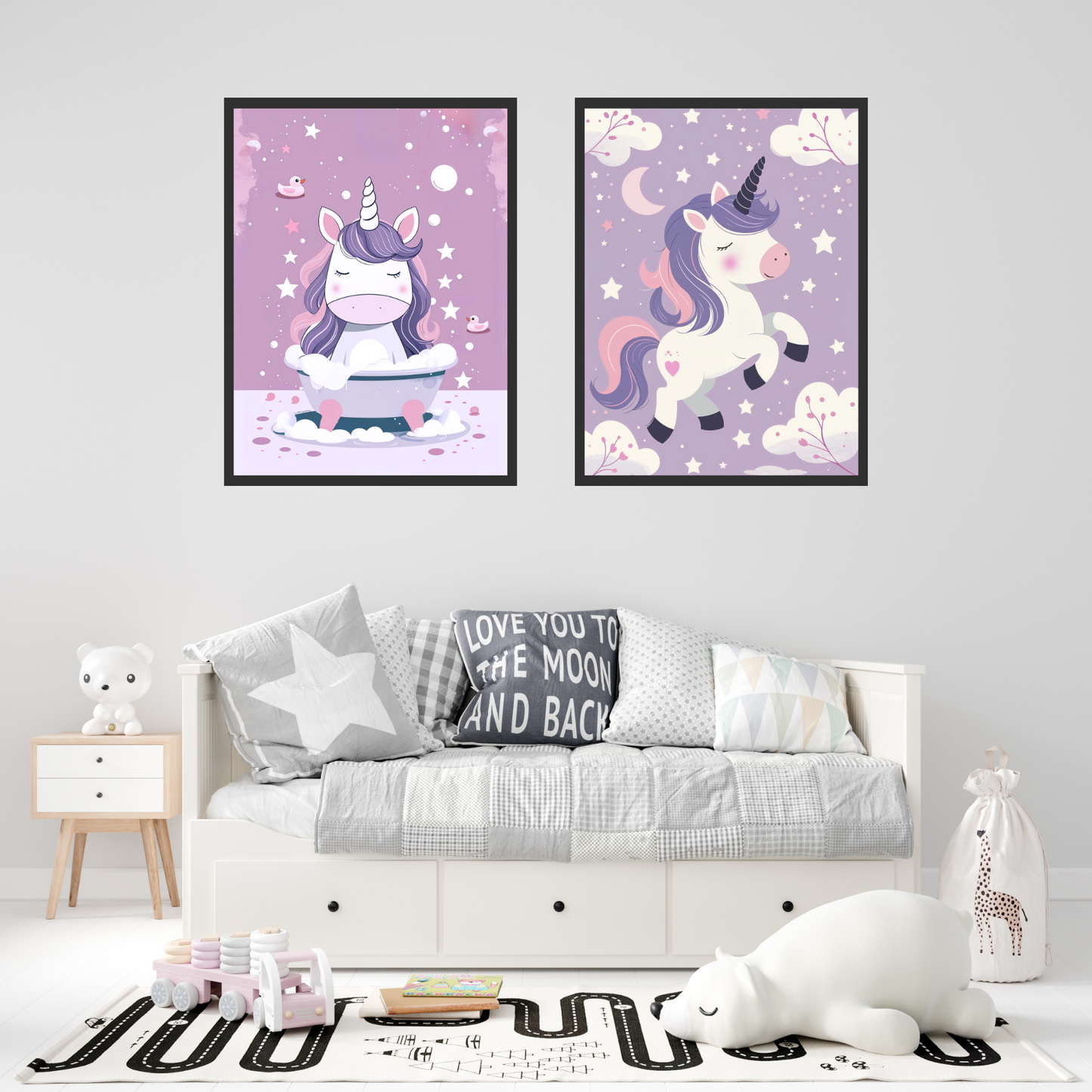 Ljuslila bakgrund med enhörning och stjärnor – magisk barnposter från Lillrum.