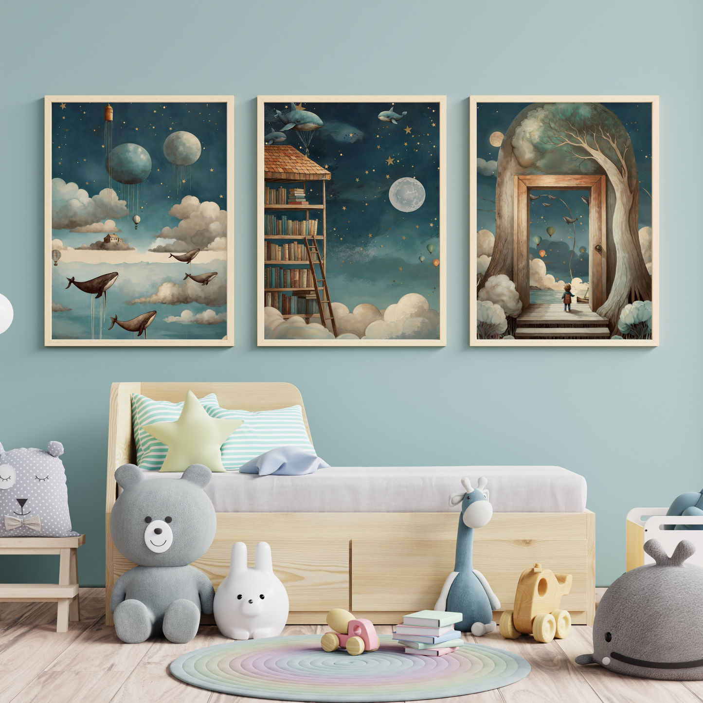 Stilrent barnrum med tre posters från serien Vindarnas sagor – flygande valar bland moln, ett högt bibliotek bland stjärnor, och en portal mellan två träd där ett barn blickar mot en magisk himmel.