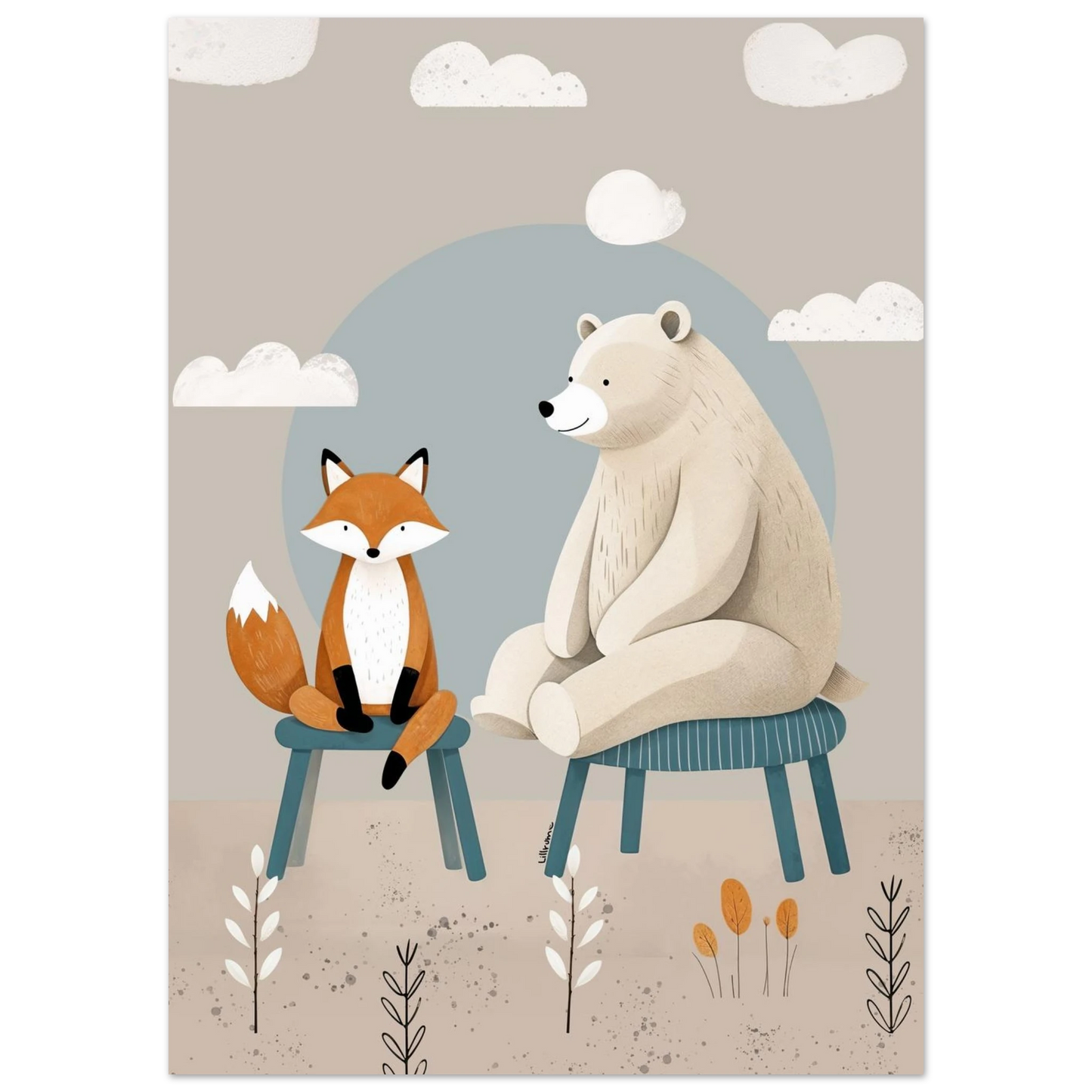 Illustration av en björn och en räv som sitter mittemot varandra på stolar i lugnt landskap.