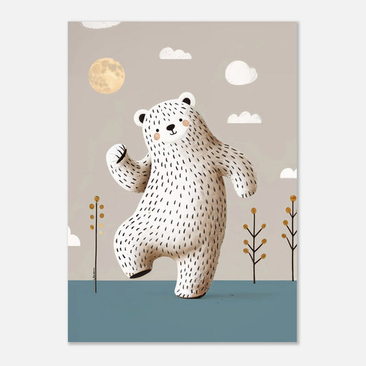 Illustration av dansande isbjörn i minimalistiskt landskap med måne och moln.