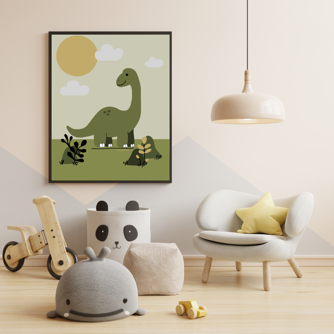 Stilren mockup av Dino Brachio-poster i barnrumsmiljö – perfekt för modern barninredning från Lillrum.