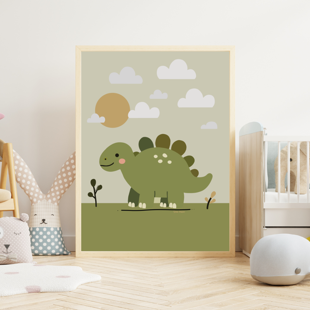 Söt och stilren barnposter med stegosaurus i dämpade färger – Dino Stego från Lillrum.