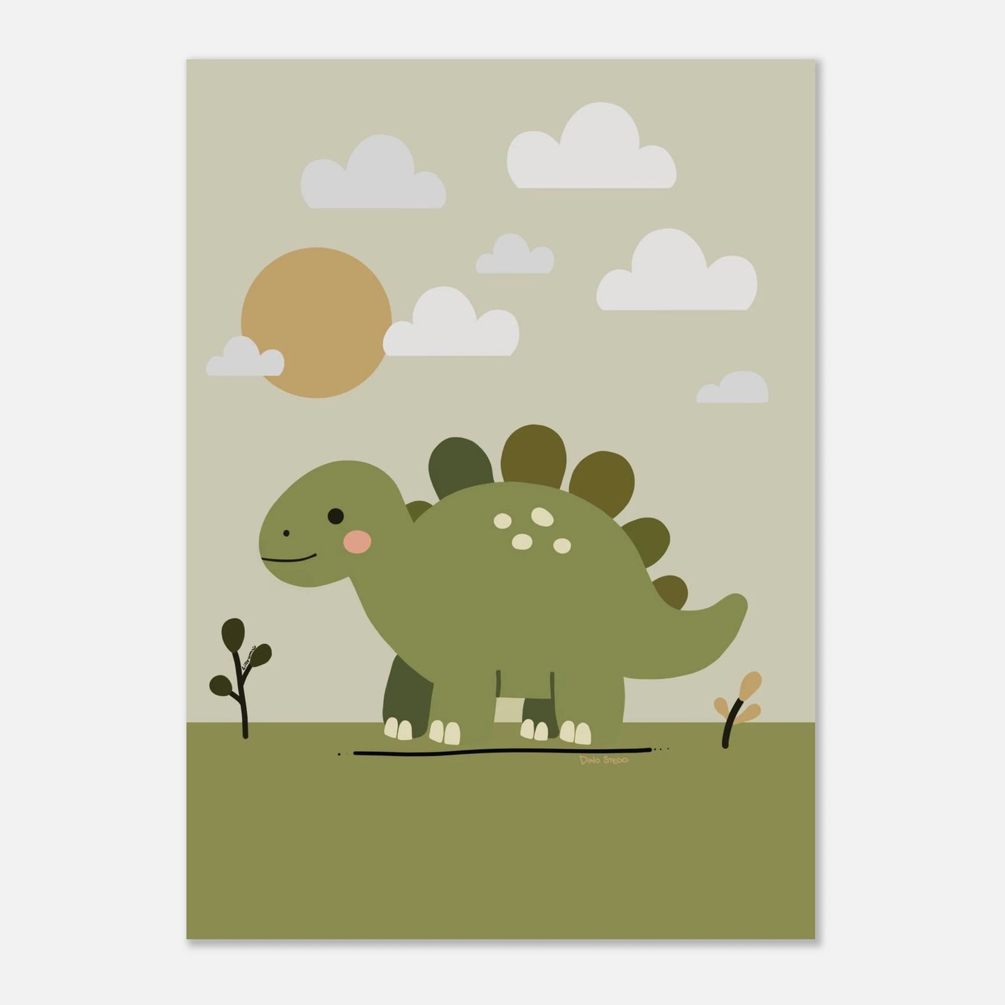 Illustration av stegosaurus i barnvänlig stil – Dino Stego-poster från Lillrum.