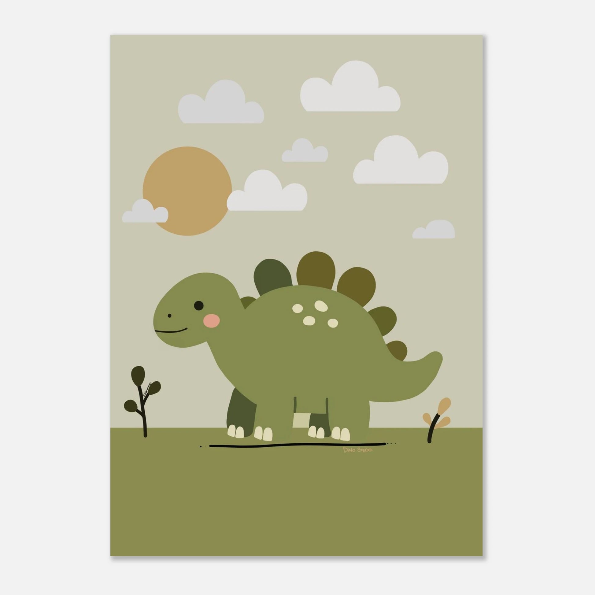 Illustration av stegosaurus i barnvänlig stil – Dino Stego-poster från Lillrum.