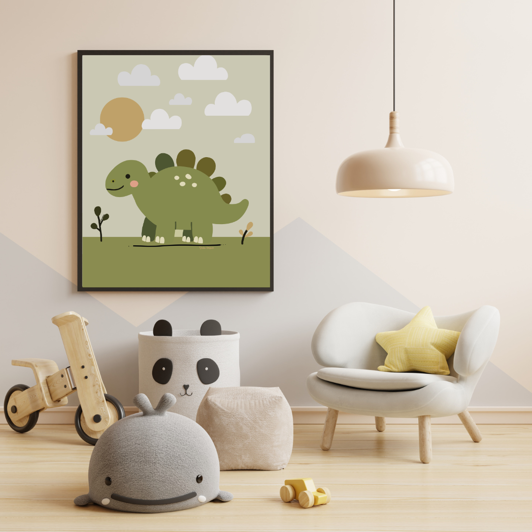 Mockup av Dino Stego i barnrumsmiljö – en fin art-poster från Lillrum.