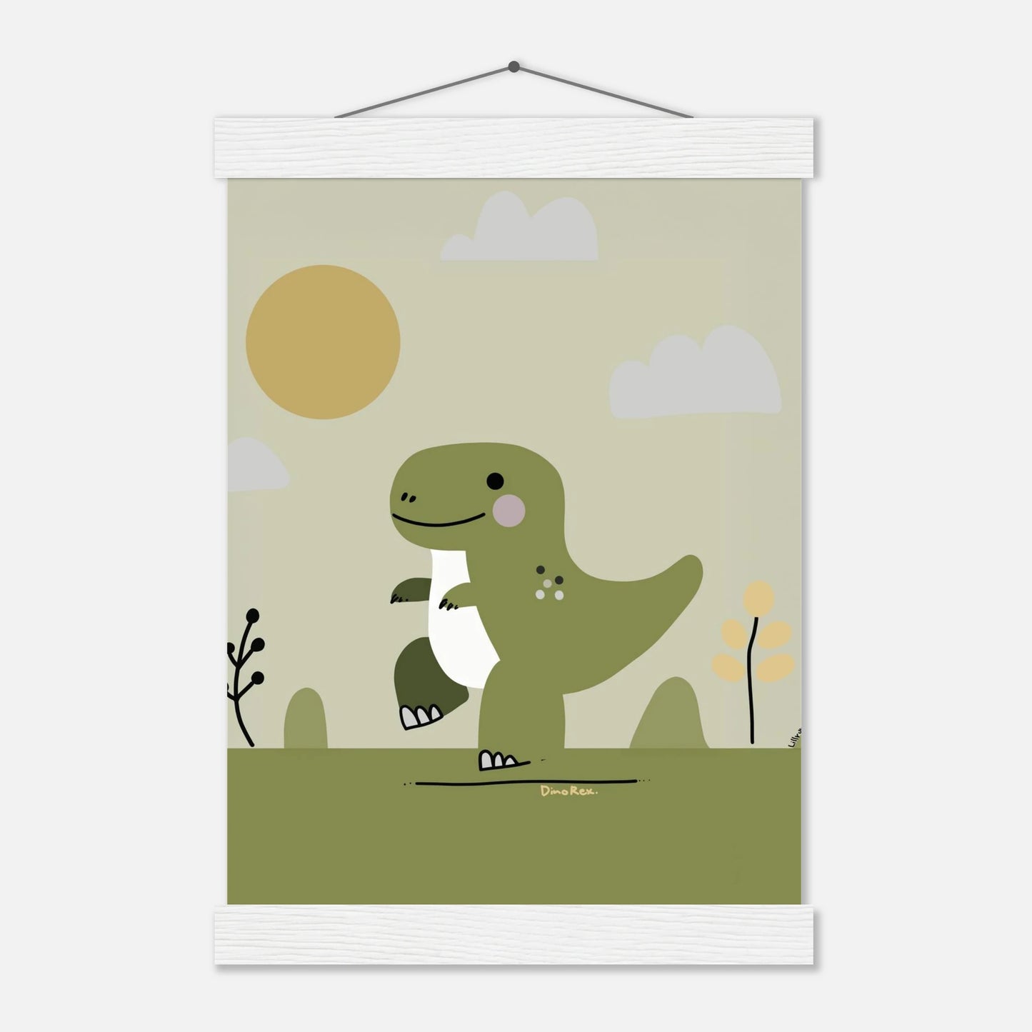 Stilren barnposter med dinosaurien T-Rex i jordnära färger – från Lillrum.