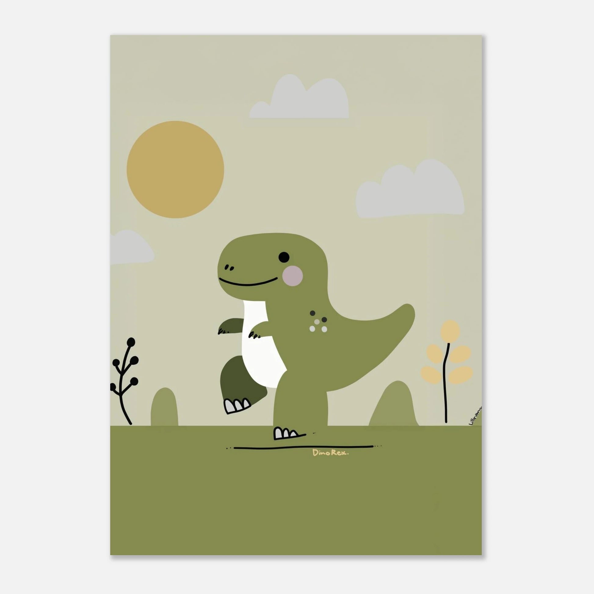 Illustration av T-Rex i barnvänlig stil – fine art-poster för barnrum från Lillrum.