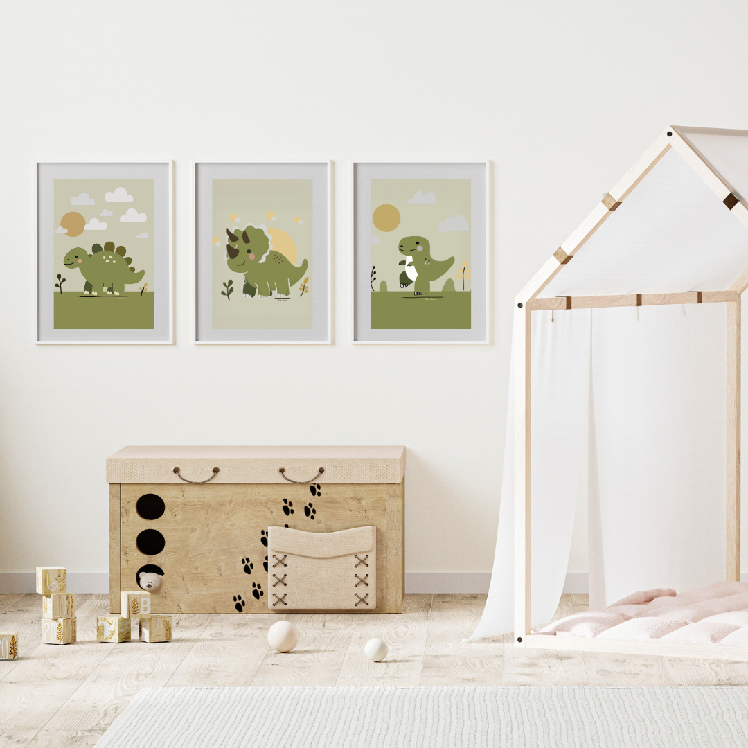 Mockup av Dino T-Rex-poster i ett lekfullt inrett barnrum – illustration från Lillrum.