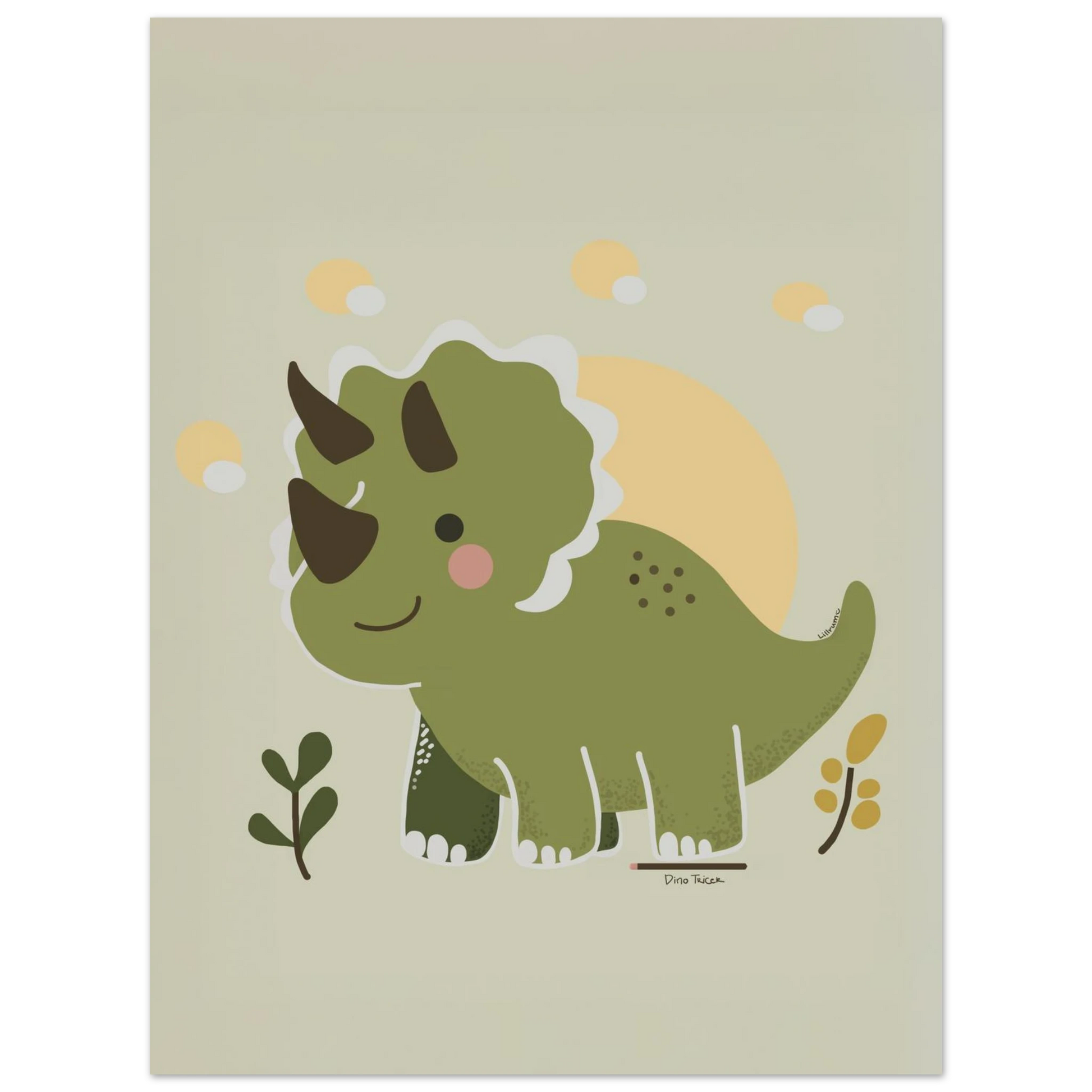 Illustration av trehornad dinosaurie i stilren barnposter – Dino Tricer från Lillrum.