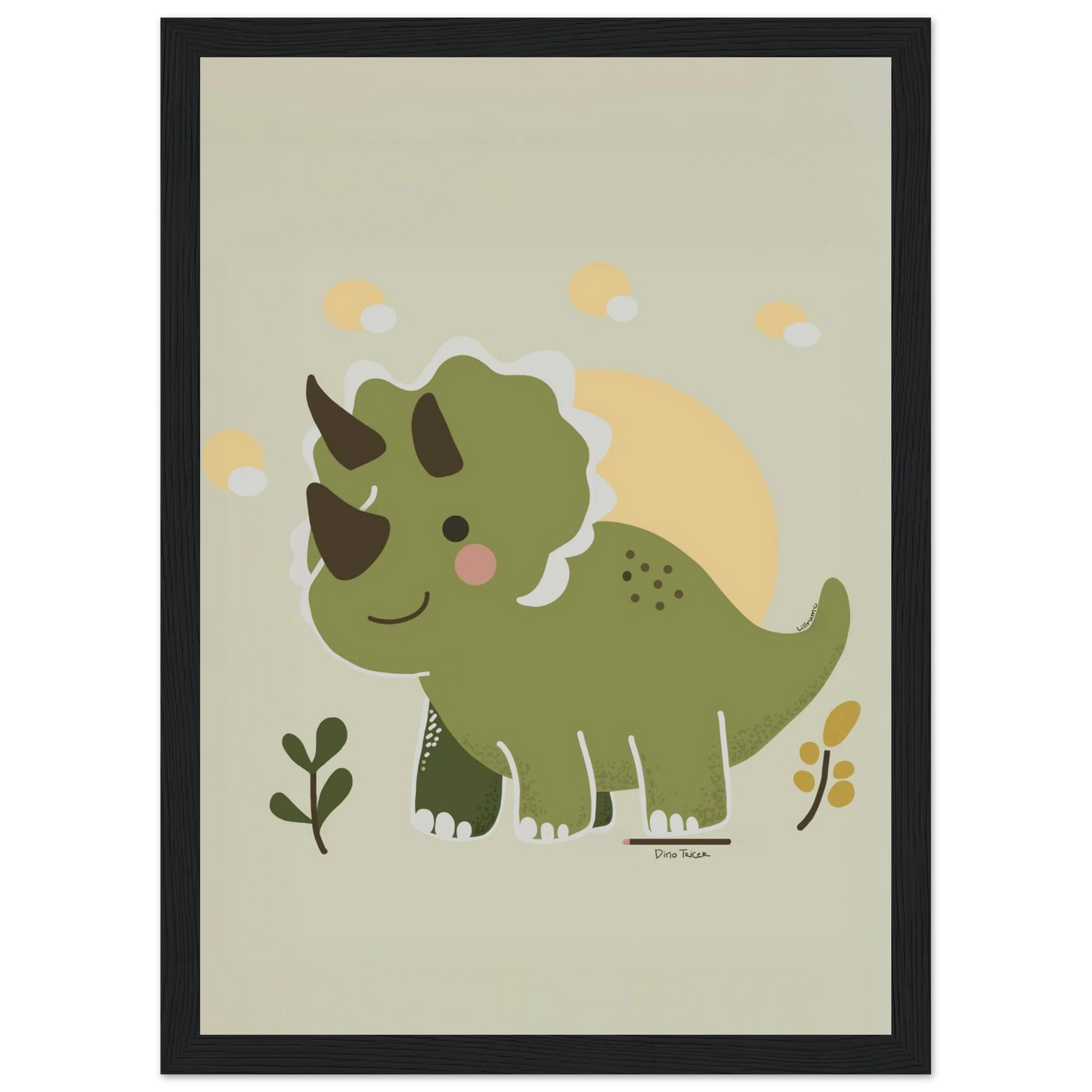 Detaljerad illustration av trehornad dinosaurie i beige-gröna toner – barnrumsposter från Lillrum.