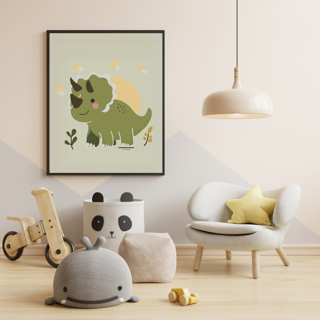 Dinosaurieposter med Triceratops-tema i ett stilrent barnrum – Lillrum.
