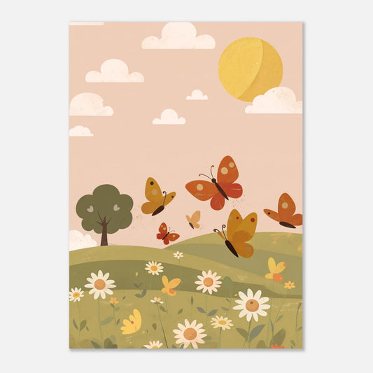 Illustration av fjärilar som dansar över blomsteräng – barnposter från Lillrum.