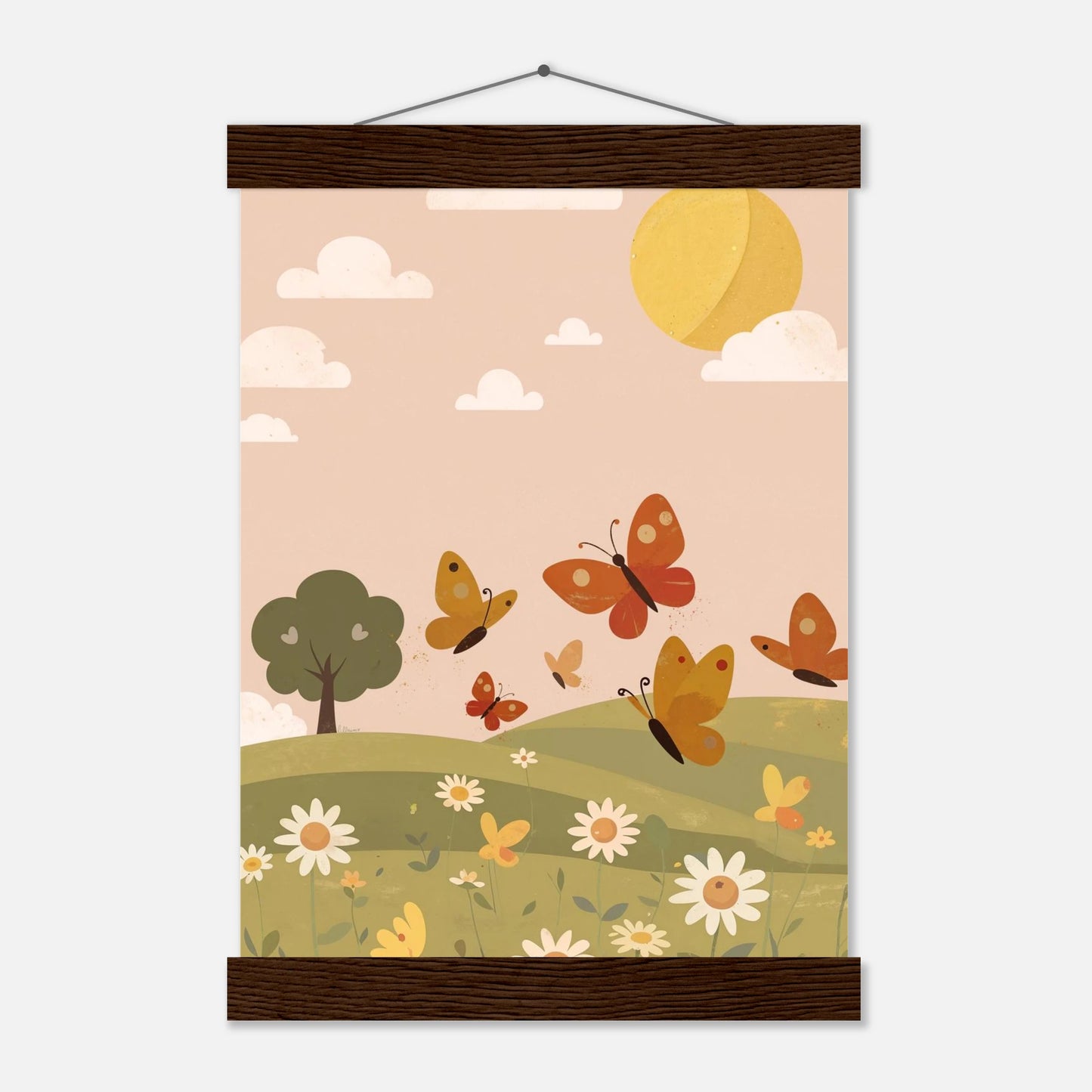Barnposter med naturtema – fjärilar svävar över blomsteräng i varmt ljus från Lillrum.