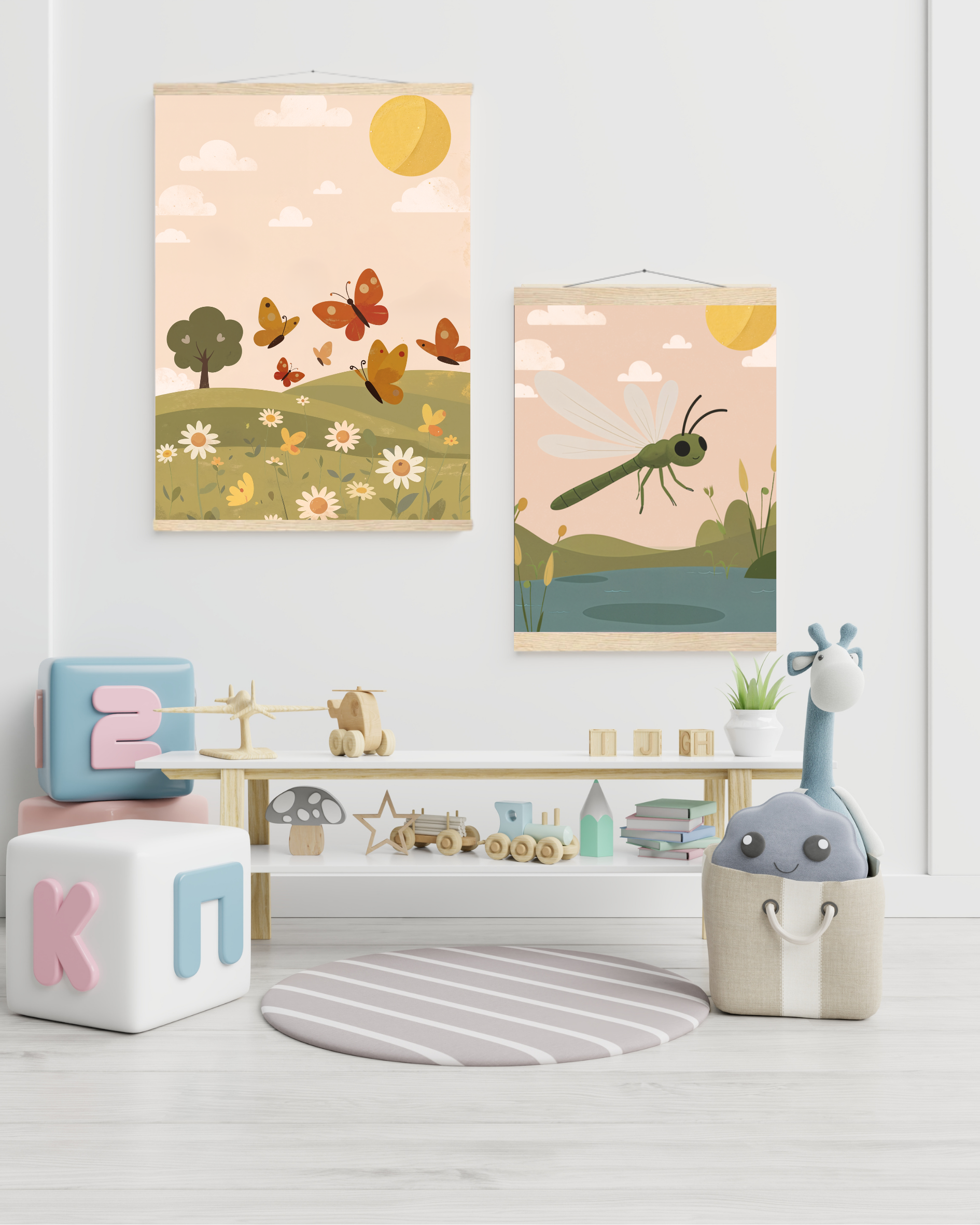 Poster med fjärilar i rörelse över prästkragar – naturinspirerat motiv från Lillrum.