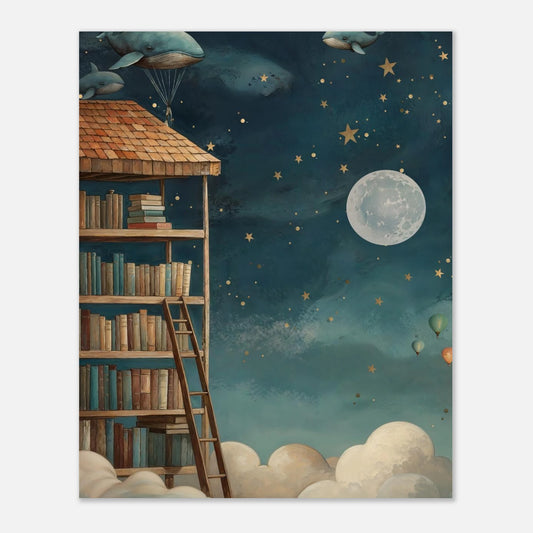 Sagolik barnposter med ett svävande bibliotek bland moln, flygande valar och en fullmåne på en stjärnklar natthimmel. Magiskt motiv i blå och varma toner.