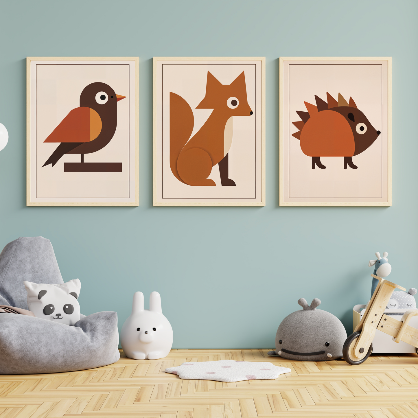 Tre midcentury-posters med rödhake, räv och igelkott på blå vägg i barnrum med sittpuffar och leksaker