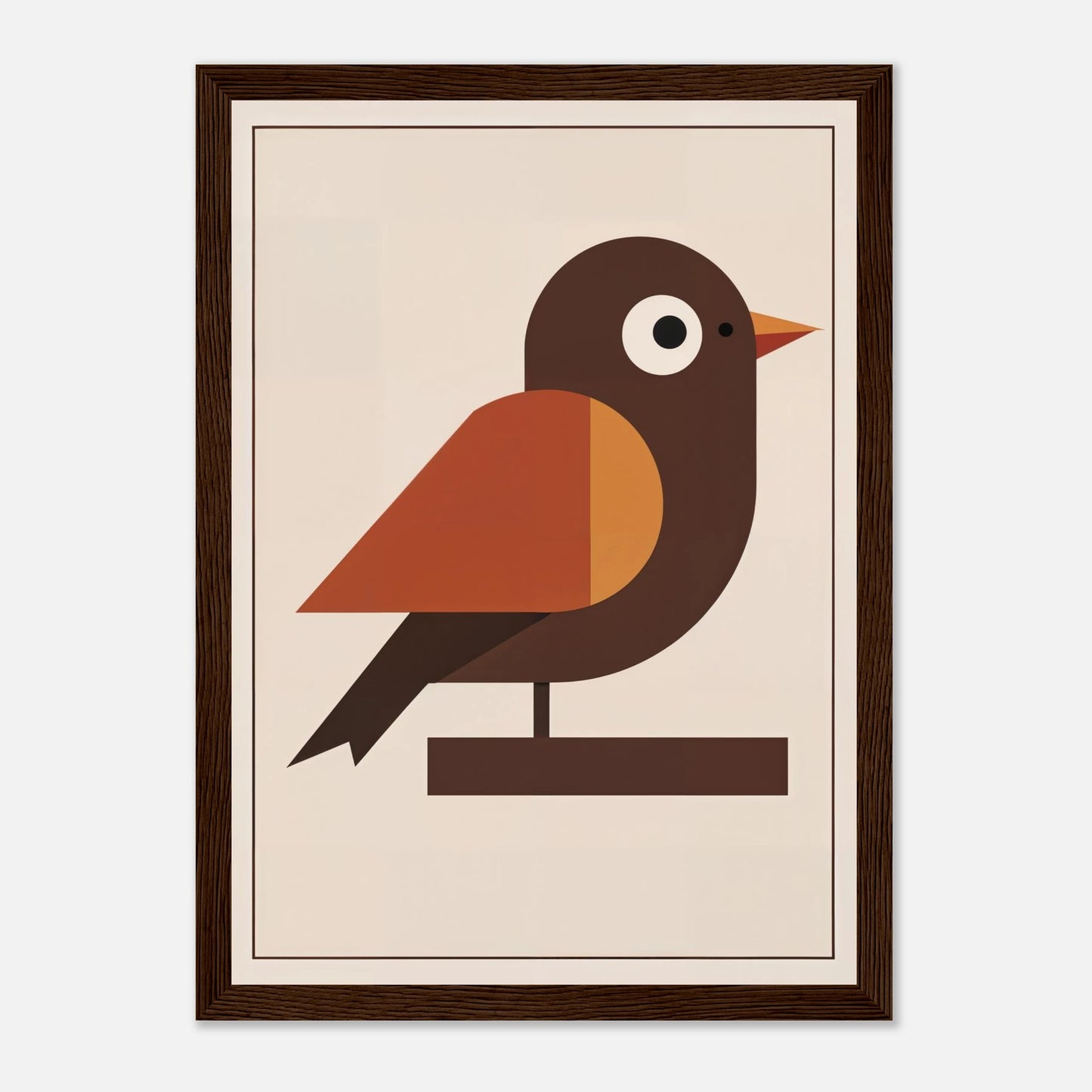 Illustrerad fågelposter i varmbruna toner med midcentury-inspiration, inramad för barnrum