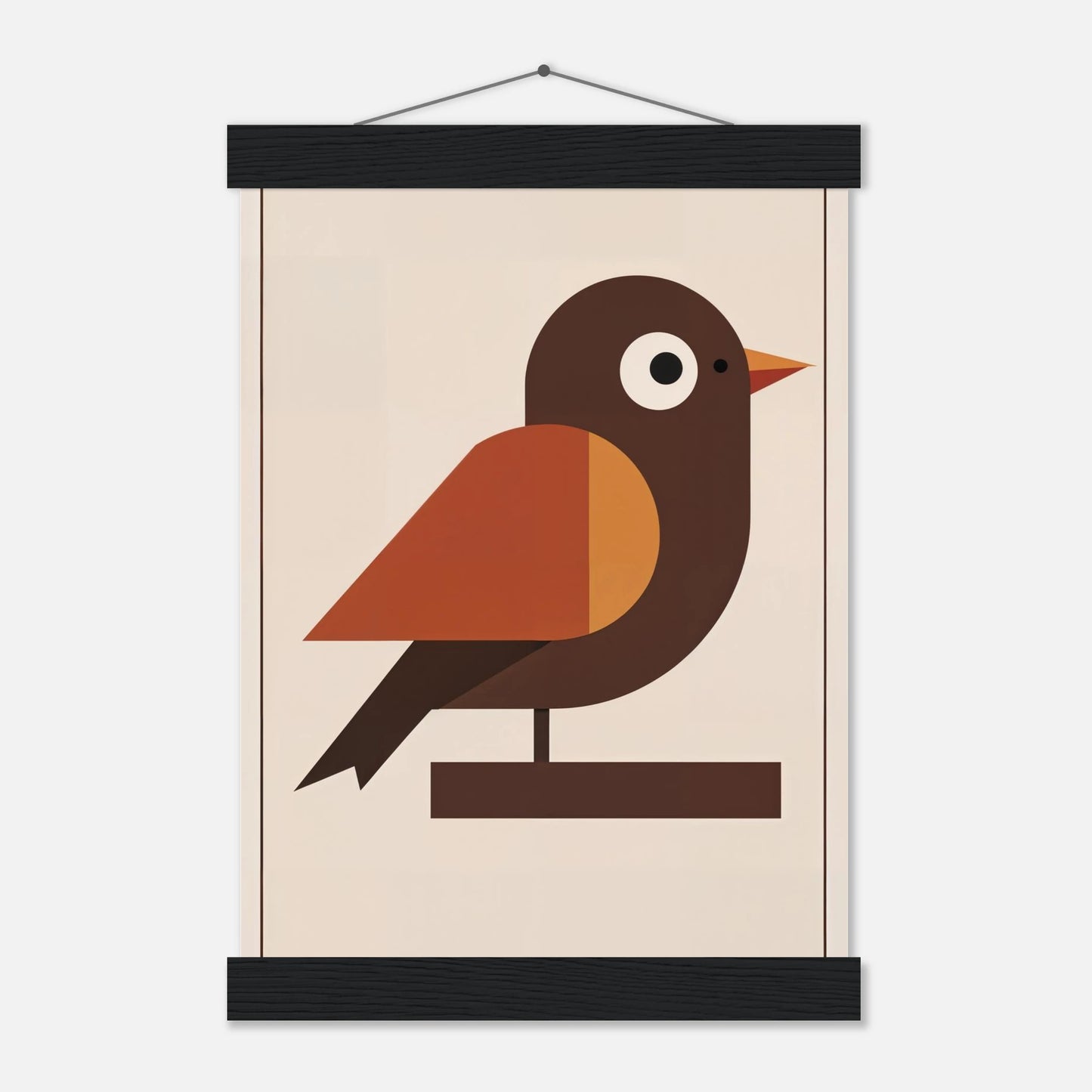 Illustrerad fågelposter i varmbruna toner med midcentury-inspiration, med magnetisk hängare