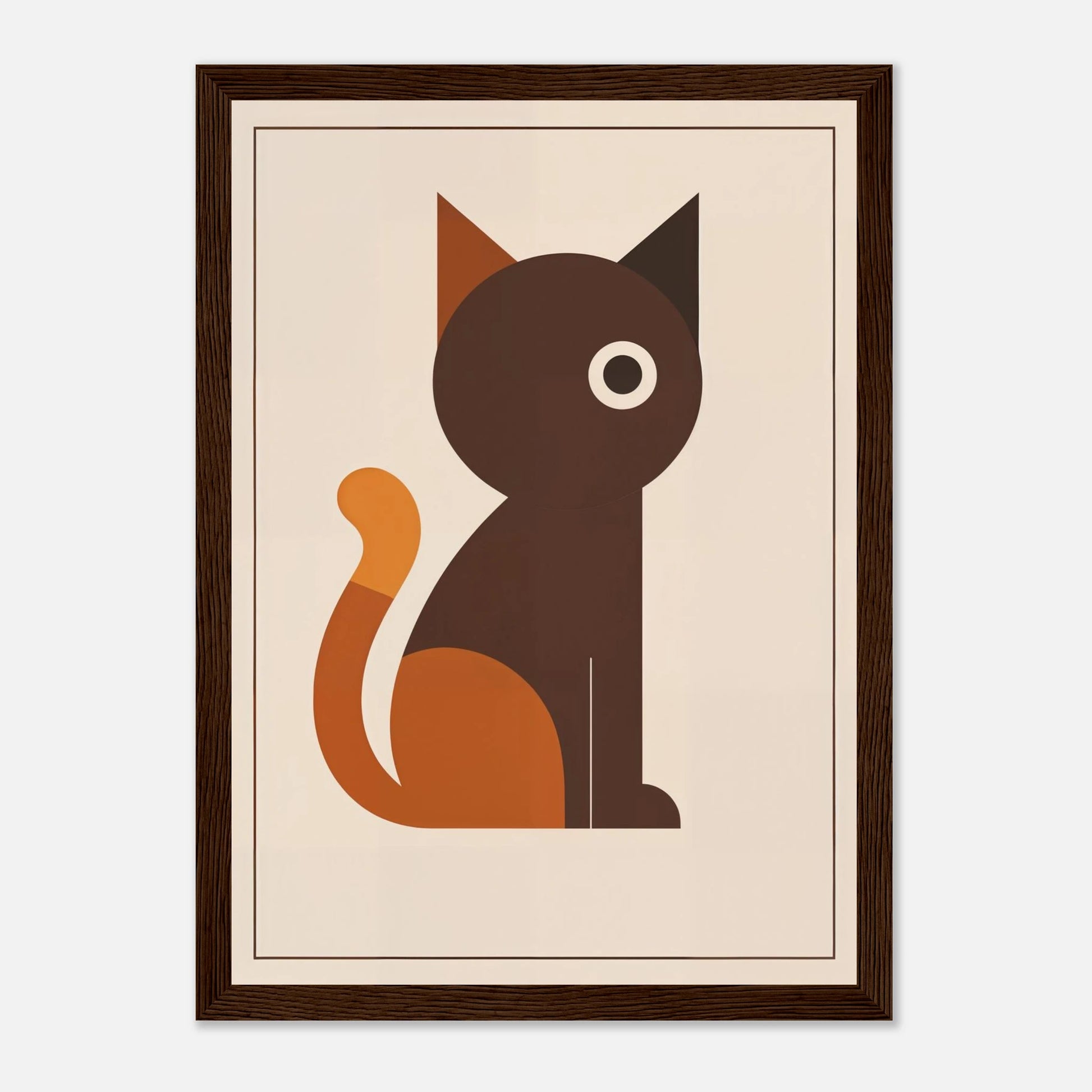 Illustrerad kattposter i varmbruna toner med midcentury-inspiration, inramad för barnrum