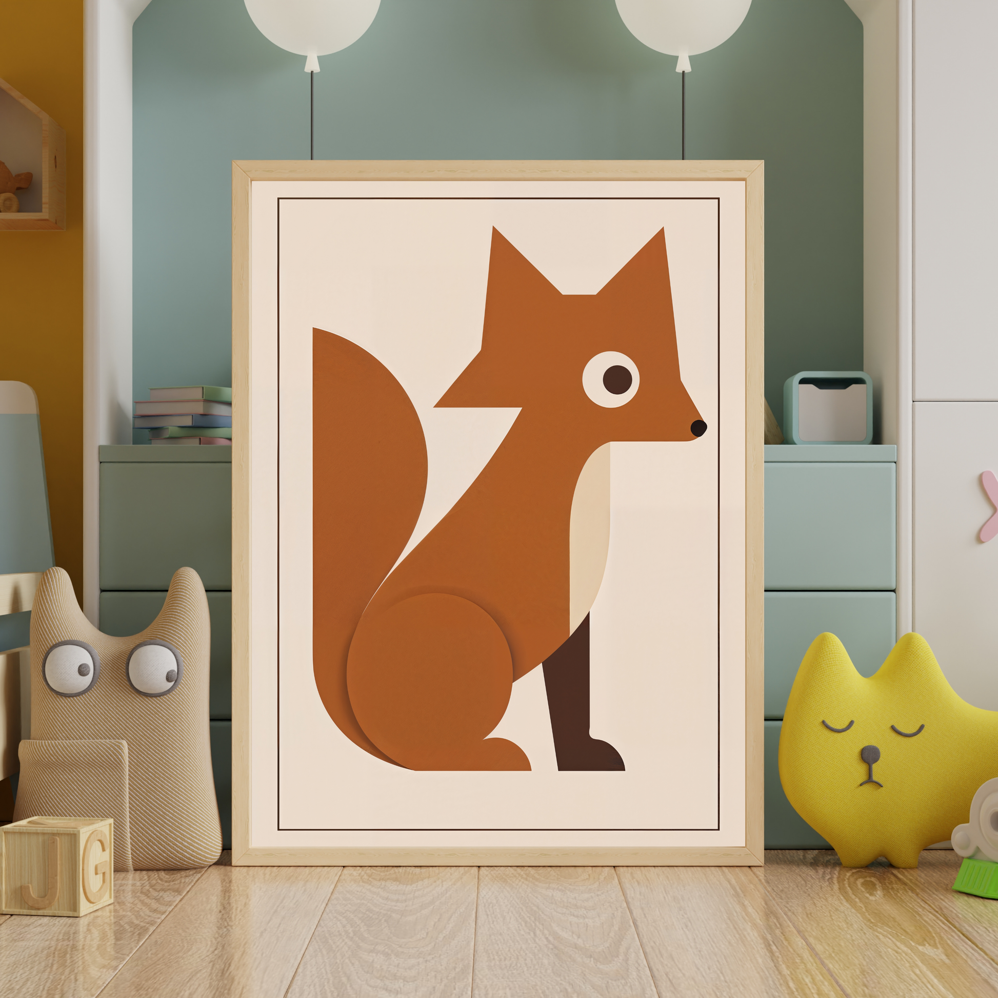 Poster med stiliserad räv i midcentury modern-stil på golvet i barnrum med trädetaljer och lekfulla figurer