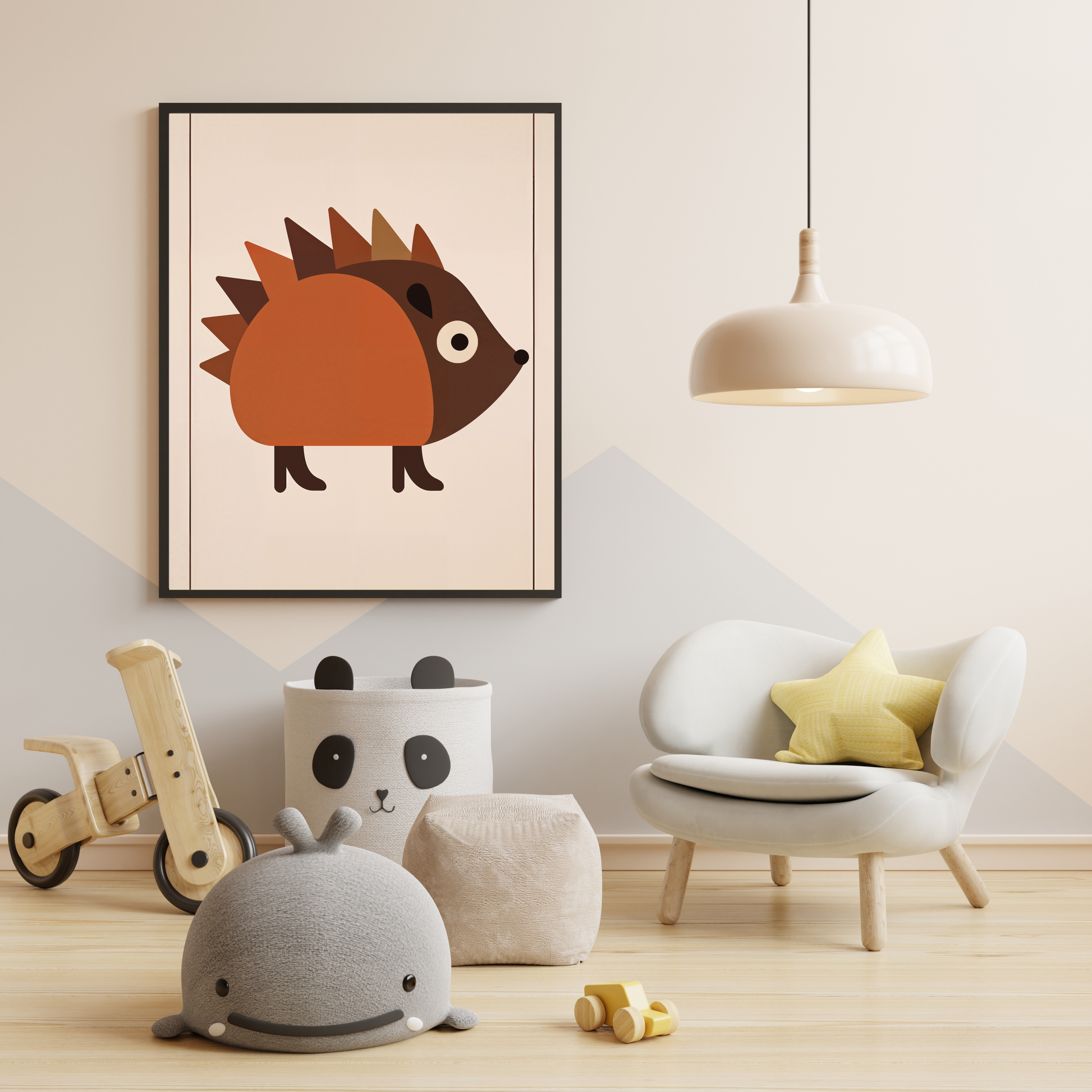 Poster med stiliserad igelkott i midcentury modern-stil i barnrum med lekfull inredning och träleksaker