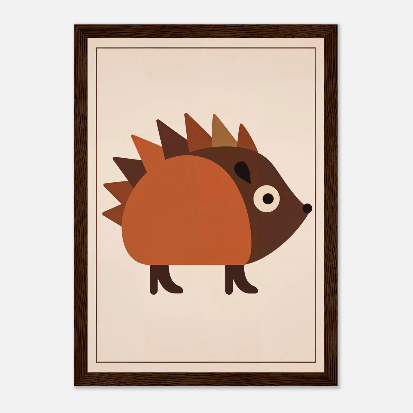 Illustrerad igelkottposter i varmbruna toner med midcentury-inspiration, inramad för barnrum
