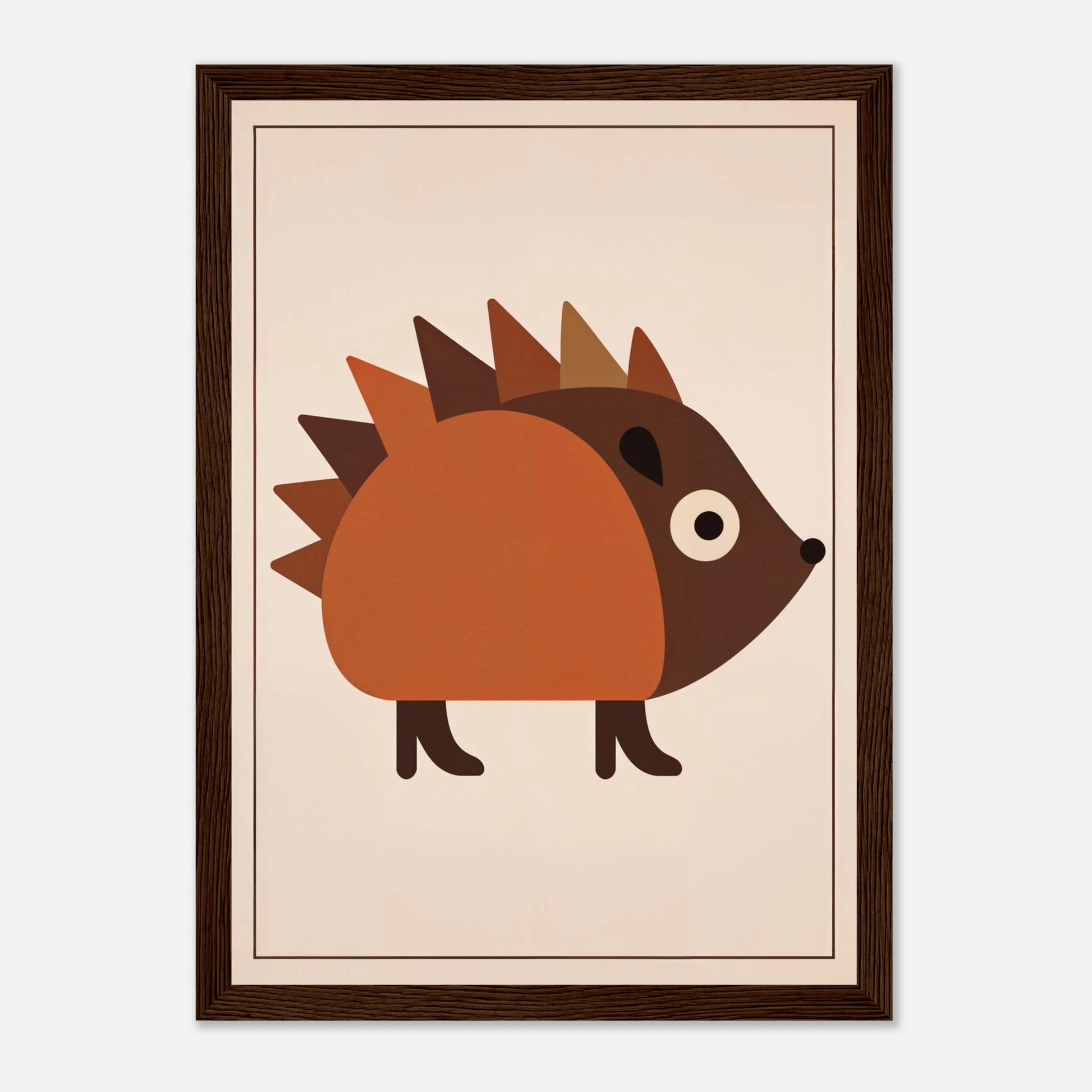Illustrerad igelkottposter i varmbruna toner med midcentury-inspiration, inramad för barnrum