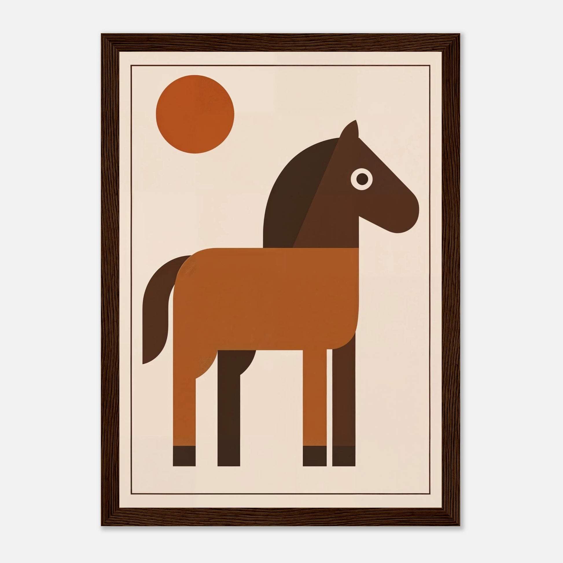 Illustrerad hästposter i varmbruna toner med midcentury-inspiration, inramad för barnrum