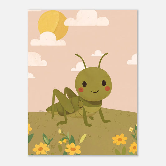 Söt illustration av en gräshoppa på sommaräng – barnposter från Lillrum.