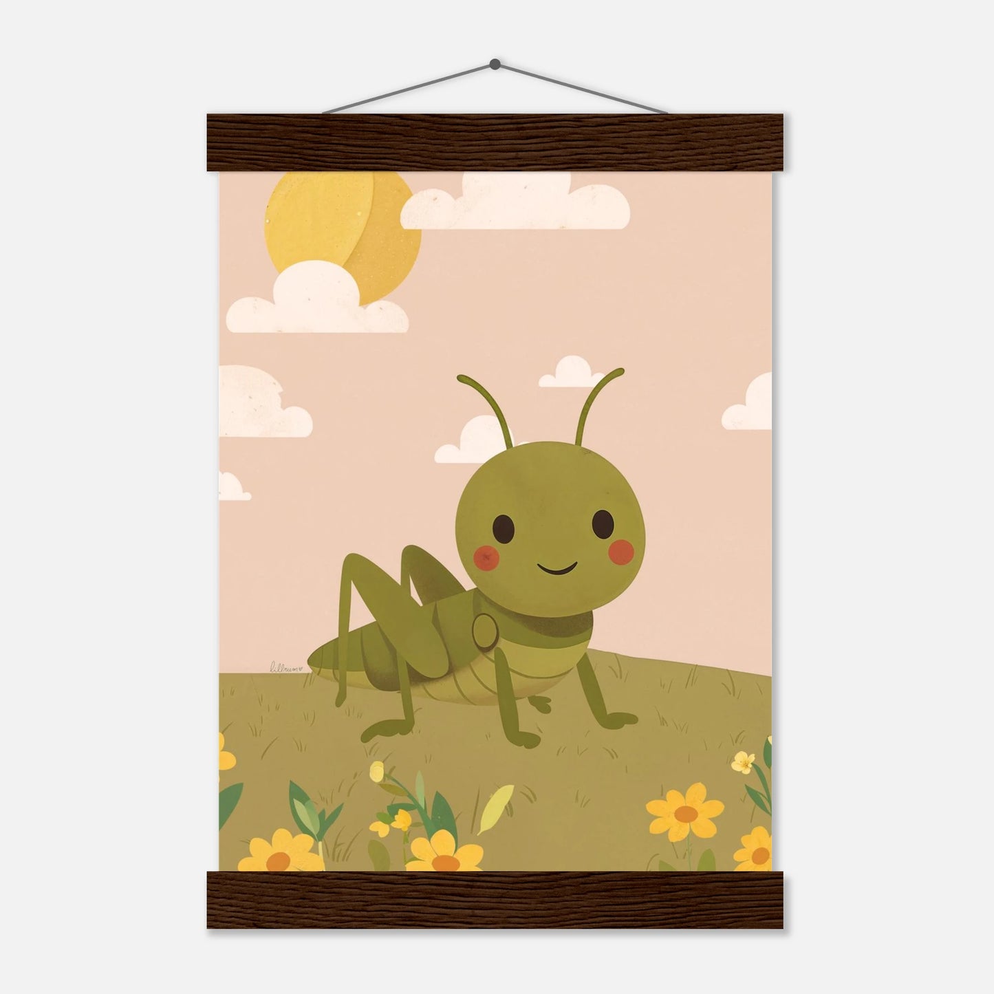 Somrig illustration med grön gräshoppa i pastellfärger – barnrumsposter från Lillrum.