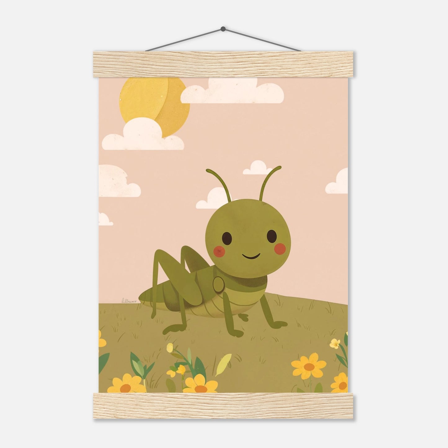 Barnvänlig illustration av glad gräshoppa på äng – lugnt och harmoniskt motiv från Lillrum.