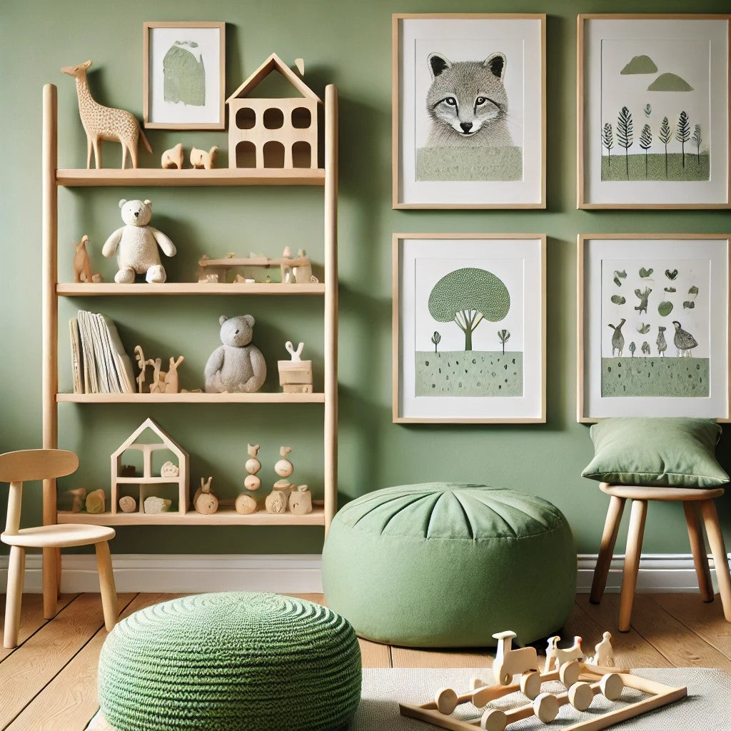 Grönt barnrum med naturinspirerade posters och träleksaker på hyllor.